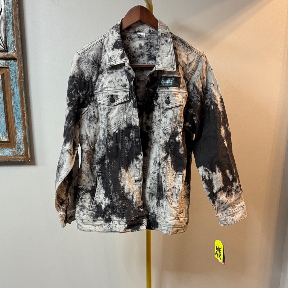 Zumba Fitness Black & Gray Tie-Dye denim Jean Jacket NWT M
